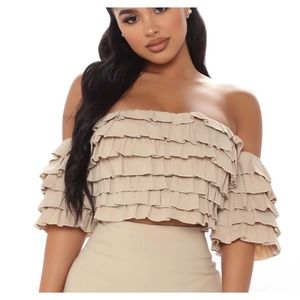 Elegant Beige Ruffle Off-Shoulder Top